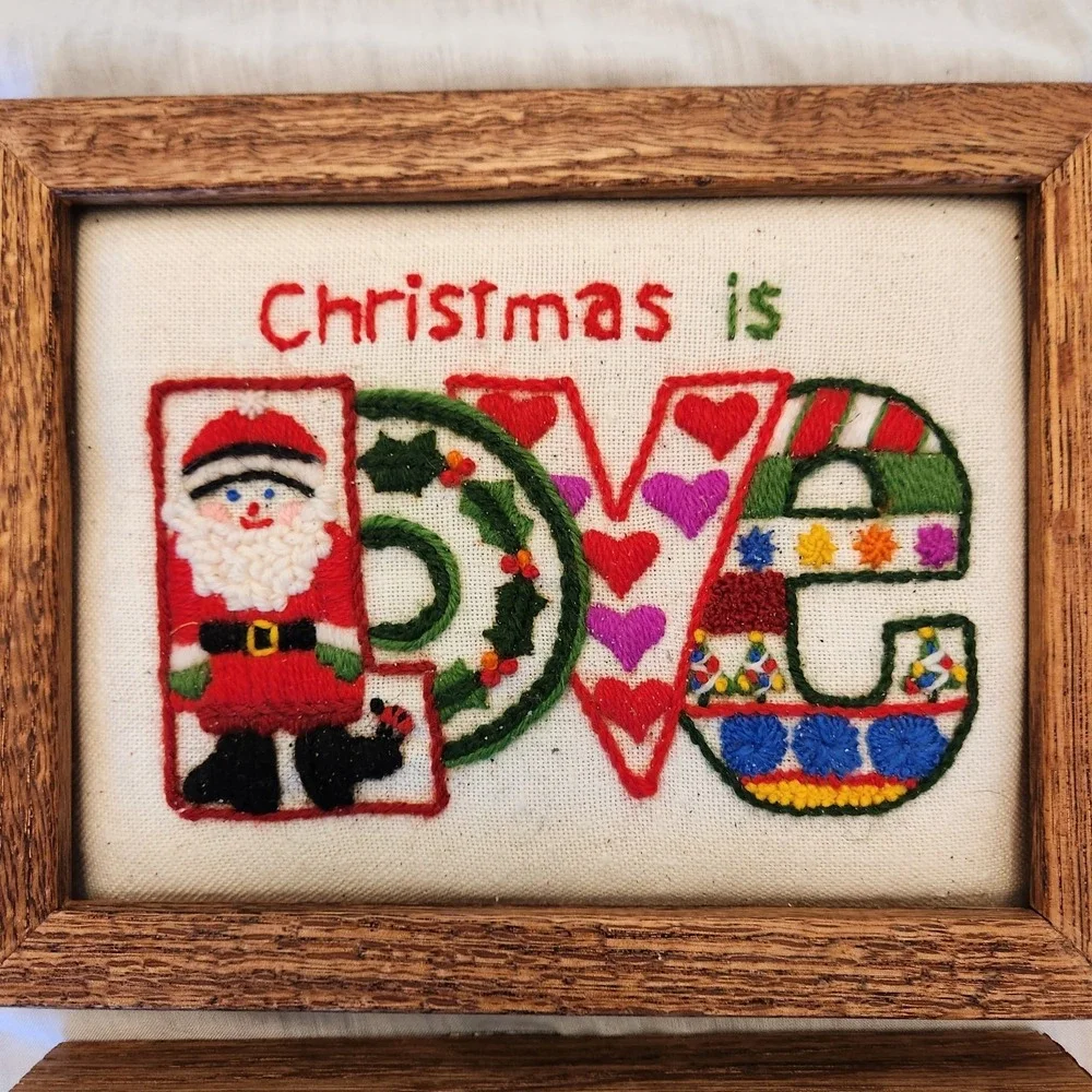 Vtg Lot Of 3 Merry Christmas Joy Noel Love Crewel Needlepoints FINISHED FRAMED